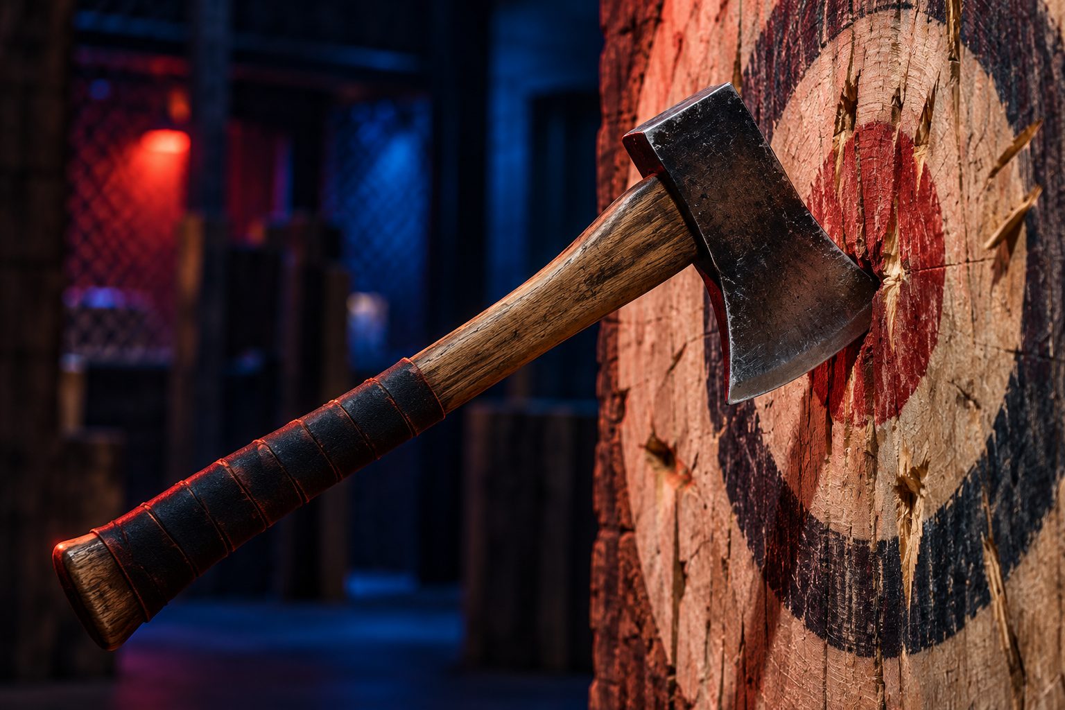 A throwing axe stuck in the bullseye of a wooden target