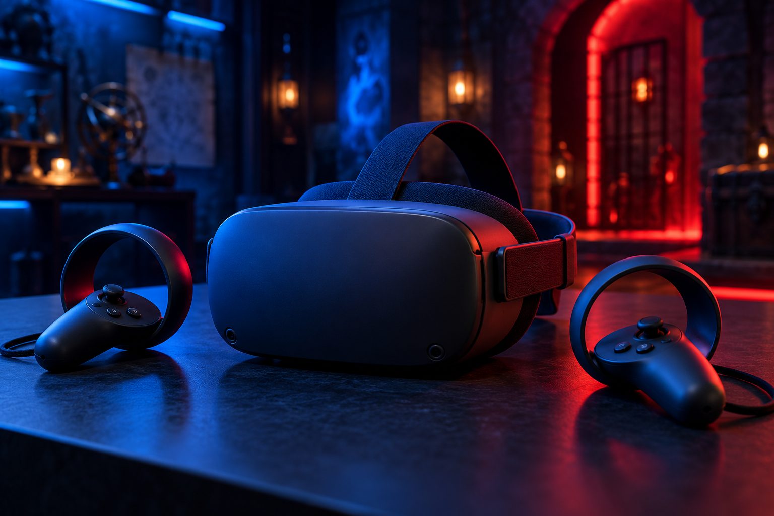A virtual reality headset and two hand controllers on a table in a dimly lit, adventure-themed room